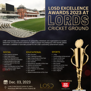 Join us at the LOSD Excellence Awards 2023 at LORDS Cricket Ground, England on 3rd December 2023.